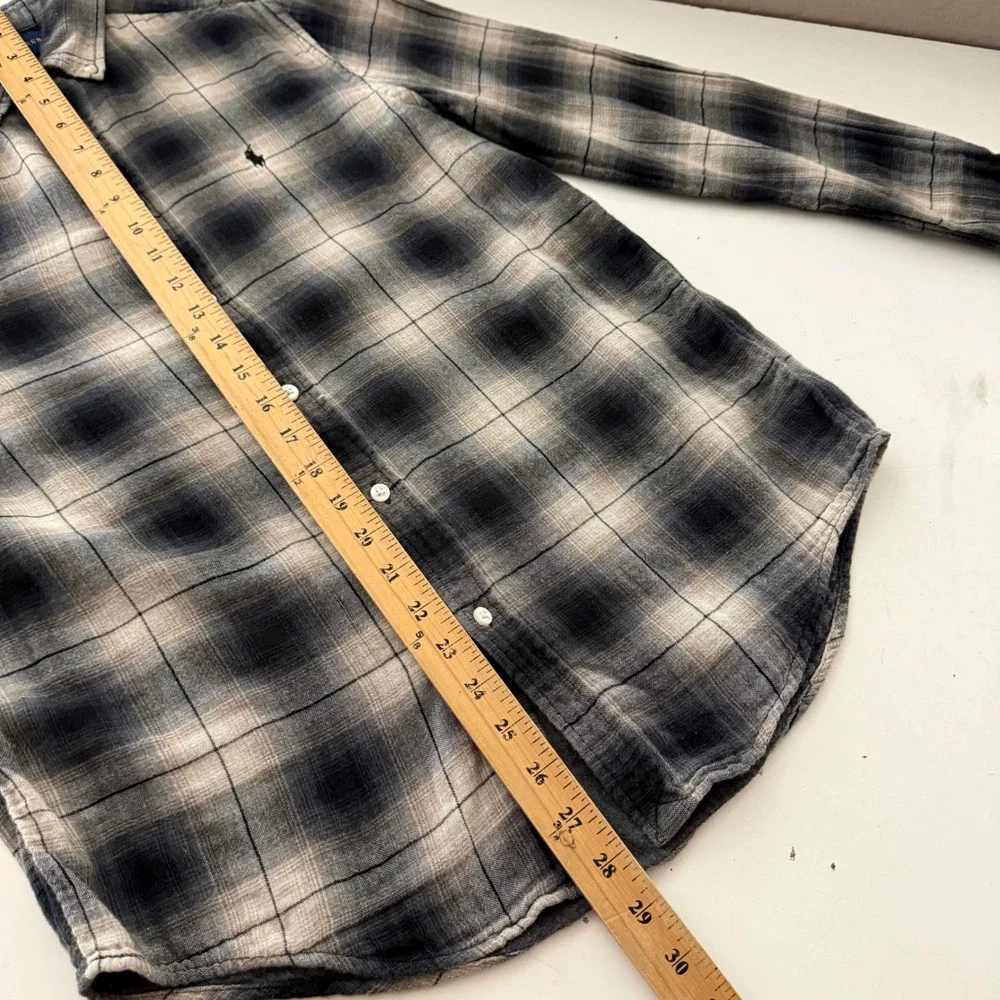 Ralph Lauren Boys XL 18-20 Grey Black Plaid Lightweight Flannel Shirt Pony Logo
